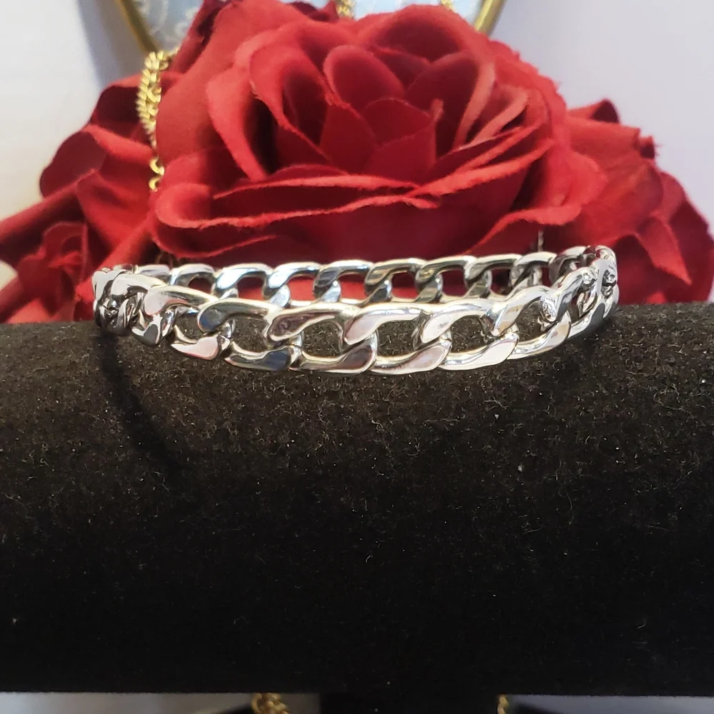 Silver Plated Curb Chain Link Bangle Bracelet Classic Style Chain Bangle